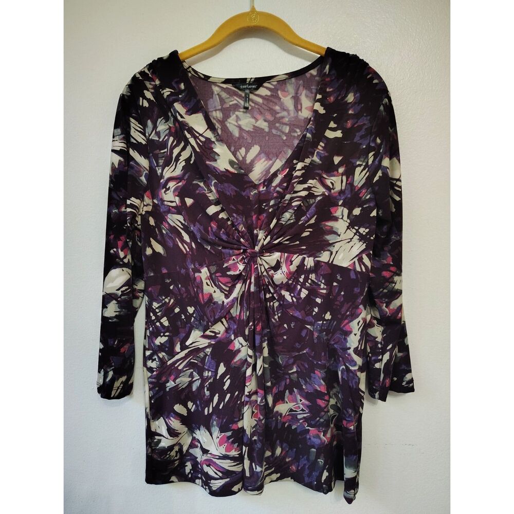 Daisy Fuentes Women's Large Purple Abstract Print Twist Front 3/4 Sleeve Blouse - Picture 2 of 7